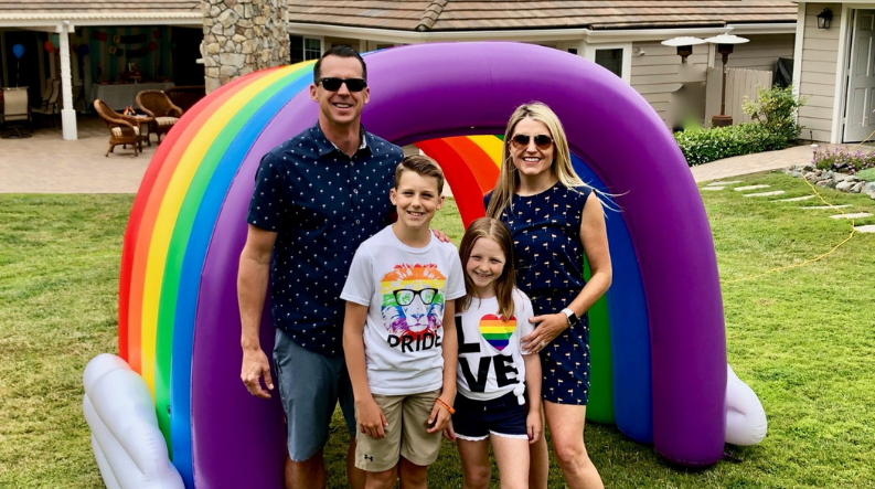 image of family in front of rainbow
